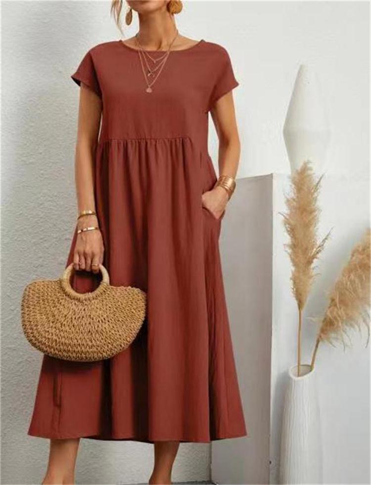 Solid Cotton-Linen Lantern Sleeve Dress