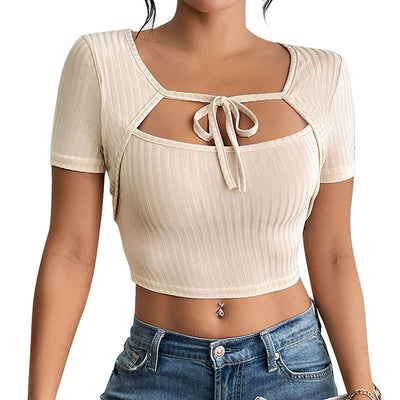 Trendy Square Neck Lace-Up Tee