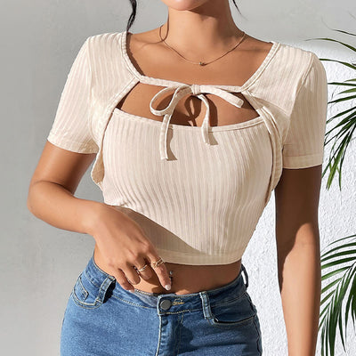 Trendy Square Neck Lace-Up Tee