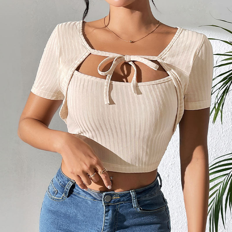 Trendy Square Neck Lace-Up Tee