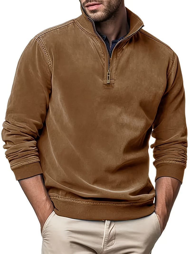 Solid Stand Collar Leather-Look Sweatshirt
