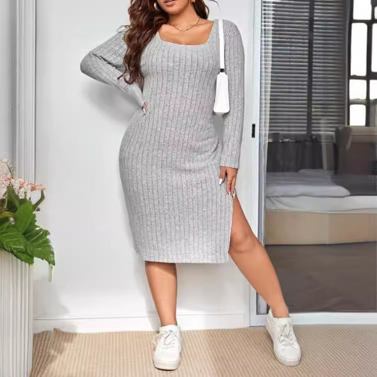 Slim Fit Striped Knit Slit Dress