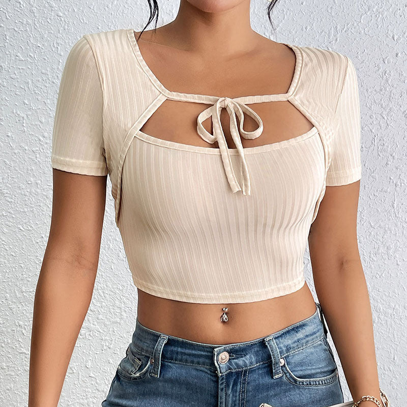 Trendy Square Neck Lace-Up Tee